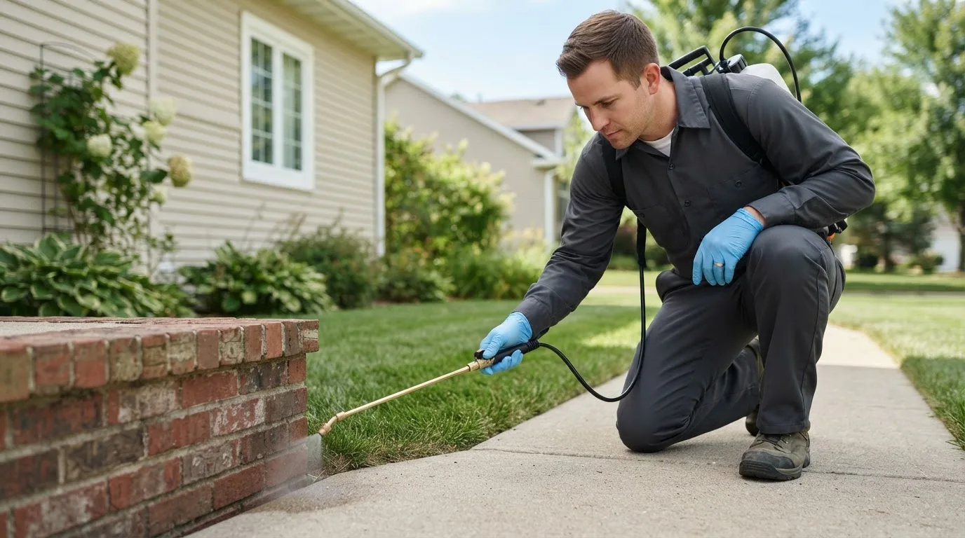 Pest control technician treating a home near Pecan Gap, TX